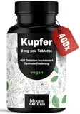 Kupfer Tabletten hochdosiert - 400 Stück mit 2 mg Kupfer-Bisglycinat - Copper, vegan und produziert in Deutschland