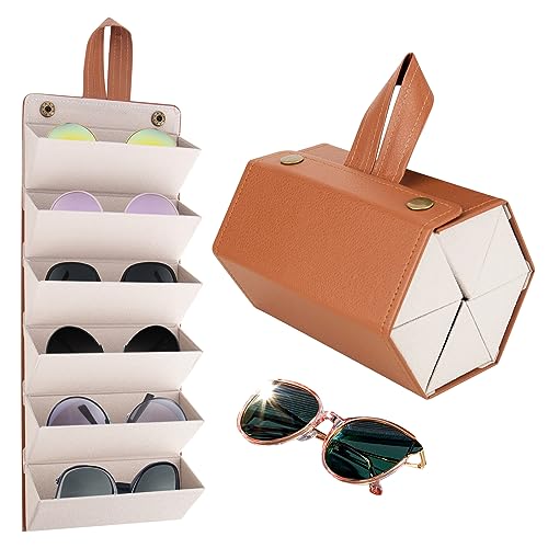 CTDMJ Aufbewahrungsbox Faltbarer 6-fach Brillenaufbewahrungsbox, PU-Leder Brillen-Aufbewahrungsbox, Brillenetui zum Aufhängen Brillenständer Brillenhalter Sonnenbrillen Brillenorganizer(Braun)