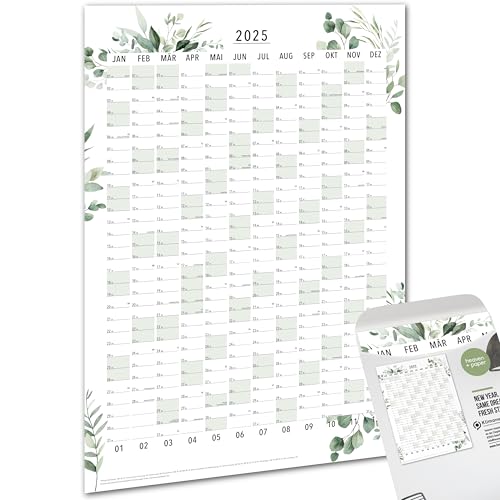 heaven+paper Jahresplaner 2025 A1 Wandkalender 2025 groß Hochformat (+ 80x60cm) gefaltet Kalender 2025 Wandplaner mit Feiertagen, Kalenderwochen Germany (Grün, A1/Hochformat)