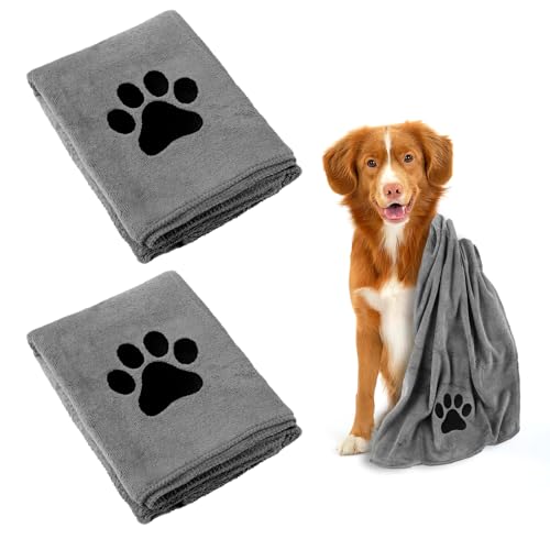 Hundehandtuch, 2 Stück Hundehandtuch Extra Saugfähig für Hunde Und Katzen, Grau Schnelltrocknend Haustier Mikrofaser Handtücher, 75 x 35 cm Hunde Handtuch für Katzen, Hunde Oder Andere Haustiere