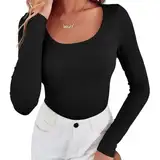 Runmeihe Langarmshirt für Damen, Modische Basic Strick Rundhals Top, Sexy Enges T-Shirt, Casual Bluse (DE/NL/SE/PL, Alphanumerisch, M, Regular, Regular, Square Neck-Black, Top)