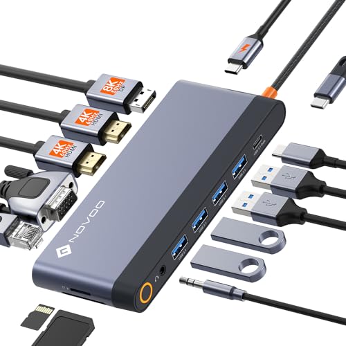 NOVOO USB C Docking Station 4 Monitore 14-in-1 USB C Hub mit 4K@120Hz DisplayPort,2HDMI 4K@60Hz,VGA,4USB-A+1USB-C Datenübertragung,PD 100W,Gigabit Ethernet,SD/TF,Audio/Mic für MacBook Dell(40cm Kabel)