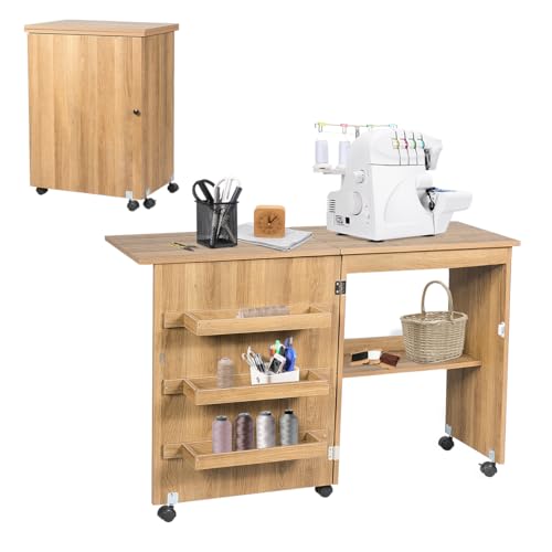 GOPLUS Nähtisch Faltbar, Nähmaschinentisch auf Rollen, Nähschrank Nähmaschinenschrank Computertisch Schreibtisch Arbeitstisch (Hellbraun)