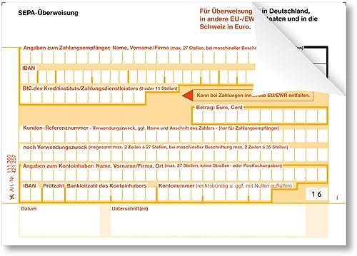 Litfax SEPA Überweisungsträger, 100 Stück - DIN A6, 2-fach mit Durchschlag, Leicht zu trennen, selbstdurchschreibend - Bankneutral für Überweisungen in Deutschland