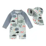 Springcmy Badeanzug für Kleinkinder, Baby, Jungen, Einteiler, langärmelig, Rashguard, Reißverschluss, Badebekleidung mit Hut, Strandkleidung, Fisch-Himmelblau, 6-12 Monate