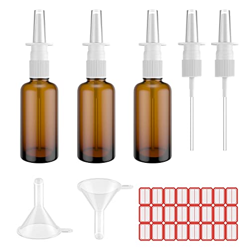 Nasensprayflasche, 3 Stück, 30 ml, Glas, bernsteinfarben, nachfüllbar, feiner Sprühnebel, Zerstäuber, kleiner, leerer Nasensprüher mit feinem Sprühnebel, Trichter und Etiketten