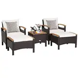 GIANTEX 5er Set Rattan Gartenmöbel Set, Balkonmöbel Set 2 Sessel & 2 Fußhocker & 1 Couchtisch, 5 TLG. Gartengarnitur Gartenlounge Set, Balkonset Gartenset Möbel Rattanmöbel, Rattan Sessel mit Kissen