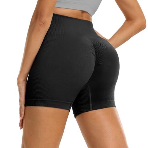 DDOBB Gym Shorts Damen Scrunch Butt Sportshorts Push Up Kurze Sporthose Bauchweg High Waist Nahtlos Radlerhose Sommer Laufshorts für Fitness Yoga Workout(Schwarz, S-M)