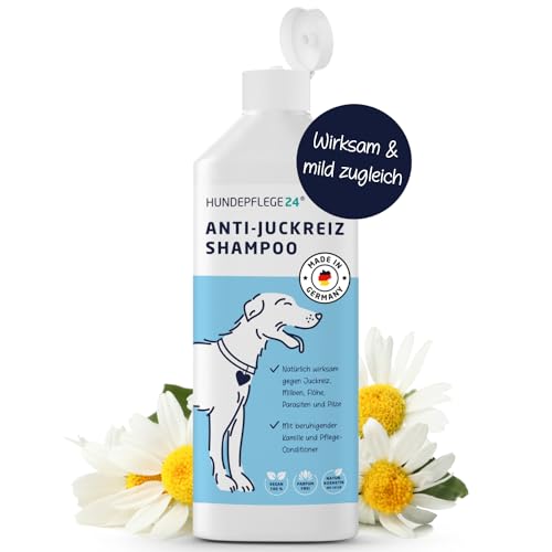 Natürliches Hundeshampoo gegen Juckreiz 3in1 - Mit Fellglanzformel und integriertem Conditioner - Unterstützend bei Milben, Flöhe & Pilzbefall - Shampoo für Hunde, Katzen und Jungtiere 500ml