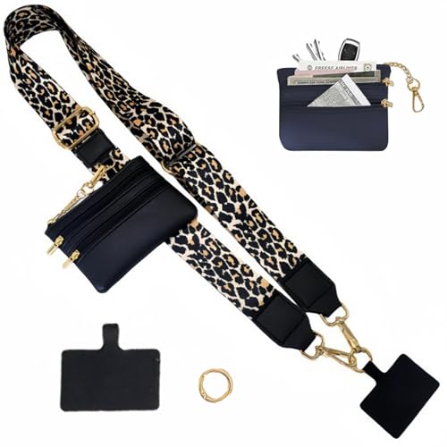 Ysnzaq Handykette Universal mit Tasche, PU Leder Zipper Crossbody Geldbörsen Verstellbarer Umhängegurt Handtasche Umhängeband für Damen Herren-Leopard Black