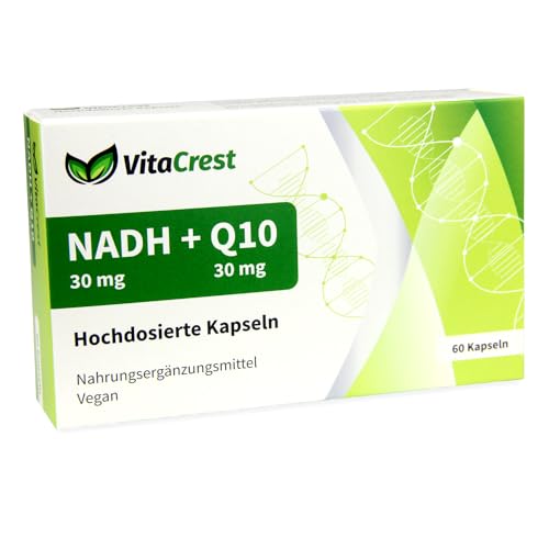 VitaCrest Hochreines NADH + Q10 Kapseln, Deutsches Produkt, Vegan, Hochdosiert und Magensaftresistent, mehr Energie und Konzentration