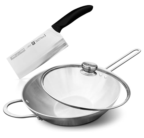 Zwilling TwinNova3 Wok pfanne Induktion 30 cm mit Glasdeckel + Chinesisches Kochmesser 18cm, 3 tlg, Wokpfanne Unbeschichtet, Spülmaschinenfest, rutschfester Griff, FÜR ALLE HERDARTEN, Silber