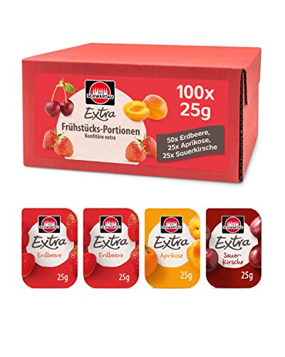 Schwartau Extra Portionen Mix-Box, Konfitüre Portionsschalen (50 x Erdbeere, 25 x Aprikose, 25 x Sauerkirsche), Großpackung, 100 x 25g