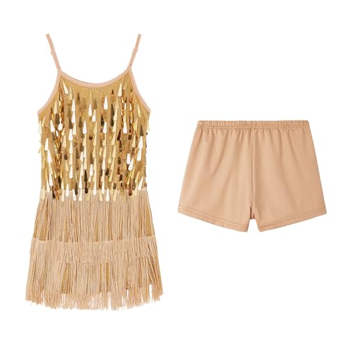 LOLANTA Mädchen Pailletten Fransen Tanzkostüm, Kinder Salsa Rumba Latein Tanzkleidung Set, Glitzerndes ärmelloses Quasten Tanz Mini Kleid mit Shorts, Gold, 10-11 Jahre, 150