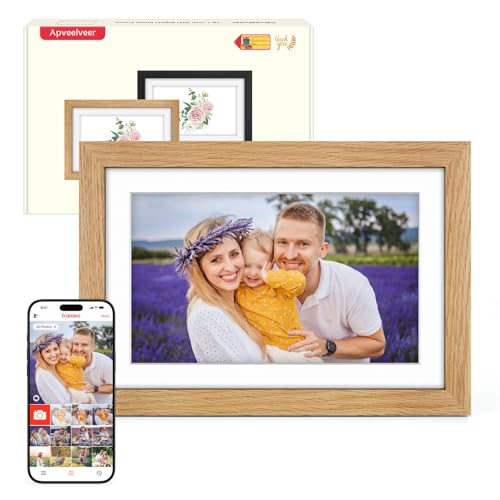 Digitaler Bilderrahmen Holz WLAN mit 32GB Speicher, 10.1 Zoll Elektronischer Bilderrahmen 1280*800 IPS Touchscreen, Fotos/Videos sofort über Frameo APP Teilen, Geschenke für Frauen Männer, Eichenholz
