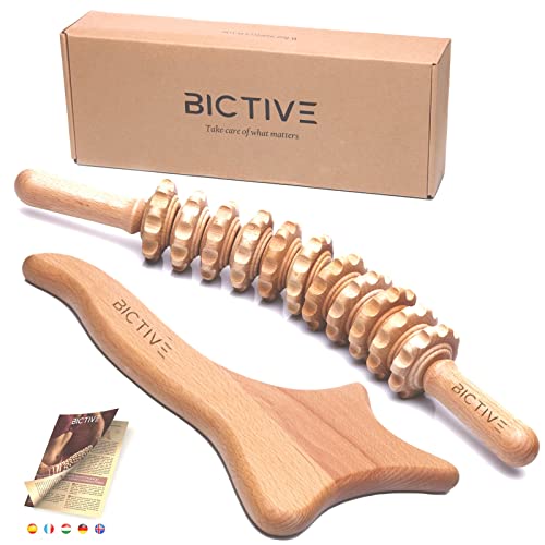 BICTIVE® Set Anti Cellulite Massagegerät für Maderotherapie von Gebogene Roller und Lymphdrainage Gerät. Faszienstab Holz, Celulitis Massagegerät, Massage Holz, Massageroller Cellulite