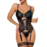 BH Damen Ohne Bügel Push up BH Bra Dessous für Damen, 3-teiliger -Teddy-Body, Dessous, sexy Ausschnitt, schulterfrei, verbundener PU-Strumpfband-Body mit Schnürung und 1 Paar Lack Dessous (Black, M)