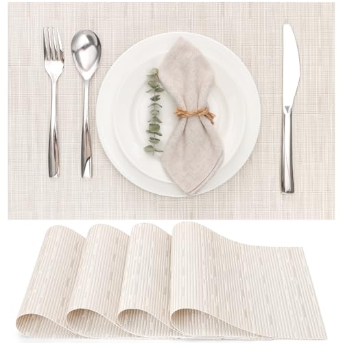 Myir JUN Tischsets Abwaschbar 6er Set, Gewebte Platzdeckchen Abwaschbar rutschfest Abgrifffeste Hitzebeständig, Vinyl Platzsets für küche Speisetisch Hotel, Platz-Matten 30x43.5cm (Beige)