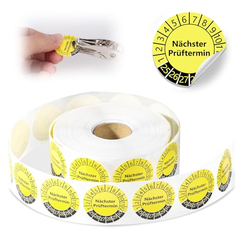 1000 Stück Mehrjahresprüfplaketten 2025-2030 30MM Prüfplaketten Nächster Prüftermin Gelb Jahresprüfplakette Prüfsiegel Elektrogeräte Selbstklebend Polyvinylchlorid Wartungsetiketten für Prüfung