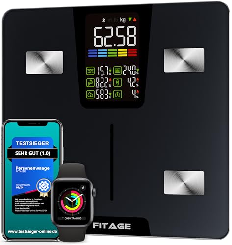 FITAGE Personenwaage digital Testsieger 2024, Körperwaage bis 225kg, Körperfettwaage mit 17 Körpermesswerten, Körperanalyse mit App, Waage mit Körperfett und Muskelmasse mit großem LED-Display