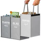 COTTARA® Mülltrennsystem 3fach Plastik, Glas, Papier | Starker Stand 4 Stabilisatoren | Idealer Mülltrenner, Pfandflaschen sammelbehälter, Recycling Behälter und Altpapier Sammelbehälter | Grau