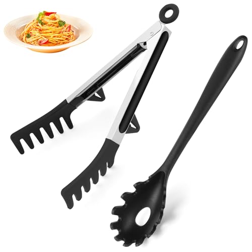 HEBEILF Verbessertes Silikon-Spaghetti-Löffel- und Nudelzangen-Set – Stabile Nudelgabel mit Zähnen, Nudellöffelheber und Mehrzweckzange zum Kochen und Servieren