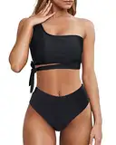 Wantonfy Damen Bikini Sets High Waist Schwimmanzug Zweiteiliger Badeanzug EIN Schulter Bademode Swimsuit