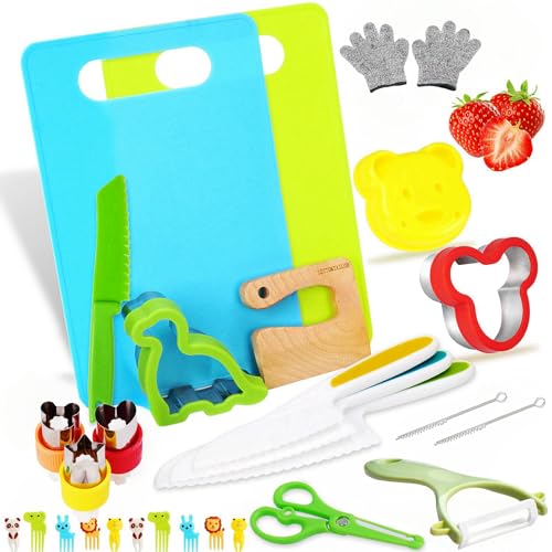 28-teiliges Kindermesser Set und Brotausstechformen-Set, Plätzchenausstecher für Kekse, Obst, Sandwiches und Gemüse, Kindermesser zum Schneiden