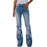 Generisch Lässige Bedruckte Damenjeans Mit Locker Ausgestelltem Saum Stretch Hose Damen Hosen Bequeme Micro Flared Jeans Blau Jeanshosen Skinny Elegant High Waist Damenhose Slim Fit (WaA-Blue, XL)