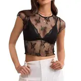 Spitzentop Damen Schwarz, Spitzen Oberteil Kurzarm Transparentes Spitze Netzoberteil Sexy Durchsichtiges T-Shirt Damen Spitzenoberteil FüR Club Party Y2K Sheer Mesh Clubwear Tops