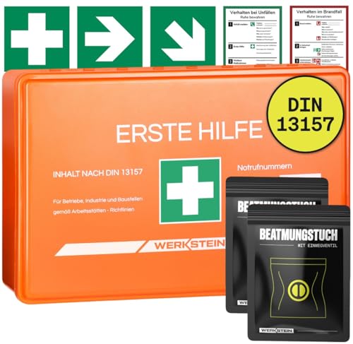 Erste Hilfe Kasten DIN 13157 Small - Inkl. Beatmungstuch (2x), praktischer Wandhalterung, 5x Aufkleber, Gesichtsmasken & Feuchttücher - Verbandskasten DIN 13157 für Betriebe, Einrichtungen & Zuhause