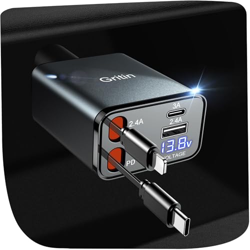 Gritin 4 in 1 Zigarettenanzünder USB C, 69W Auto Ladegerät Adapter mit Spannungsanzeige & Adaptive Charging Technologie, USB Schnellladegerät für iPhone 16/15/14/iPad/Galaxy/Android usw.