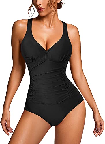 KUMAYES Damen Badeanzug Monokini Bauchweg Schlankheits Badeanzug V Ausschnitt Badebekleidung Bauchweg Bademode Swimsuit (L, Schwarz)