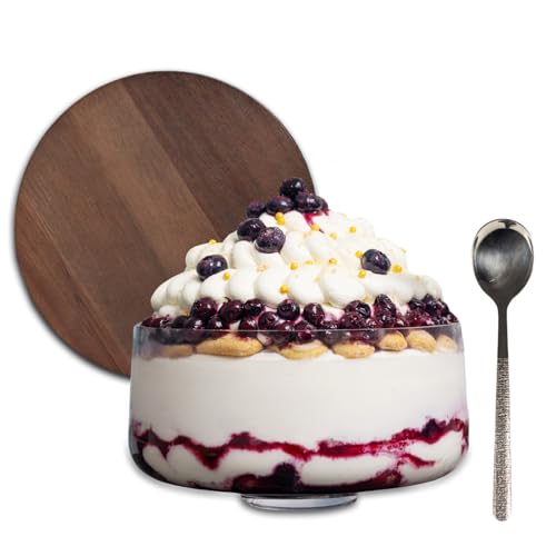 Große Trifle-Schüssel mit Deckel, silberner Servierlöffel und Deckel aus Akazienholz, Trifle-Schüssel, Glas, Salatschüssel, Trifle-Schüssel mit Sockel, für mehrlagige Desserts, Obst, Salate, Punsch