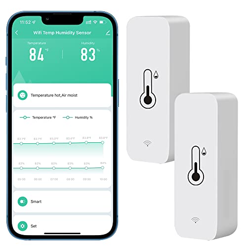 Comboss WiFi-Hygrometer Thermometer-Sensor, kabelloser Temperatur- und Feuchtigkeitssensor für den Innen- und Außenbereich mit Remote-App-Benachrichtigungsalarm, Arbeit mit der Tuya-App (2-Pack)