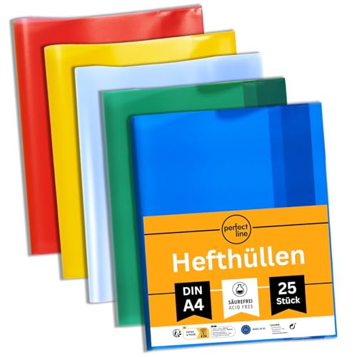 perfect line 25 Hefthüllen DIN-A4, 5 Farben, Heftumschlag transparent genarbt, Heftschoner aus recyclebarem PP, dokumentenecht