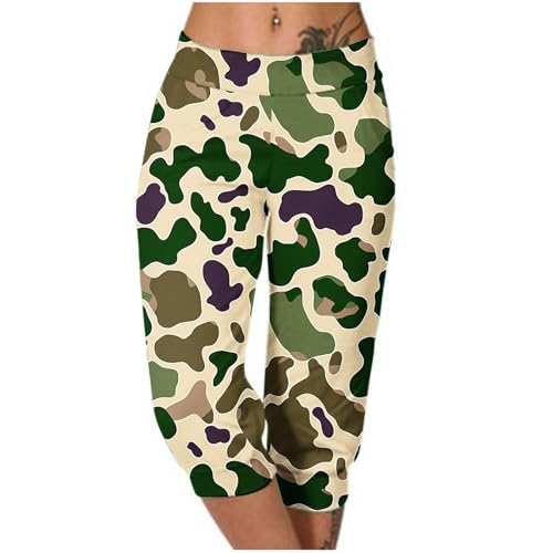 Keepink Capri-Leggings für Damen, hohe Taille, elastisch, Jeggings, Camouflage-Shorts, bauchfreie Sweathose, knielang, Caprihose, Jogger, Workout, Laufhose mit Taschen, 7 x mehrfarbig, 34