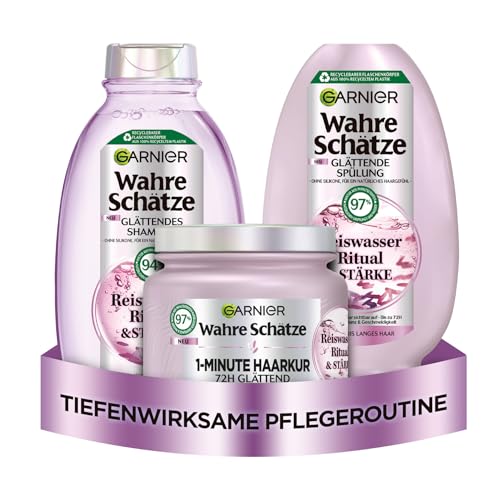 Garnier Wahre Schätze Glättendes Haarpflege-Set mit Reiswasser für mittellanges Haar, Für mehr Glanz und Geschmeidigkeit, Shampoo (250 ml), Spülung (200 ml), 1-Minute Haarkur (340 ml), 3-teilig