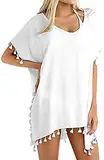 Chalier Damen Strandponcho Sommer Bikini Badeanzug Cover Up Strandkleid mit Quasten MEHRWEG (A- Weiß)