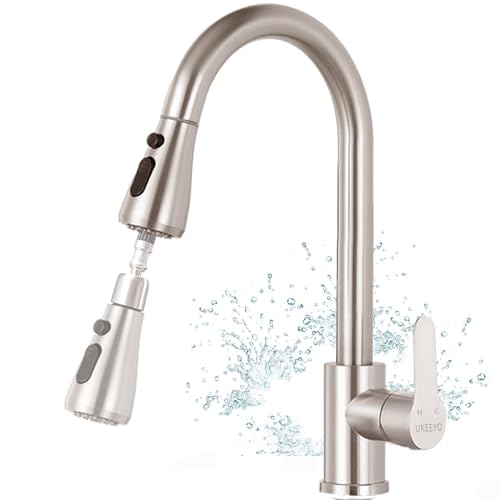 Wasserhahn Küche, Hochdruck Küchenarmatur mit Herausziehbarer Brause Ausziehbar Armatur, Mischbatterie Küche Spültischarmatur Brause 3 Modus, Edelstahl