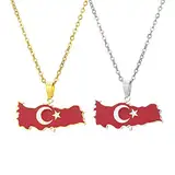 YUANYIRAN Türkei Karte Flagge Anhänger Halskette – Tropföl Karte Geometrischen Ethno-Stil Unisex Paar Schlüsselbeinkette Patriotische Flagge Hip Hop Charm Schmuck Für Modegeschenk,Silber,50Cm/19