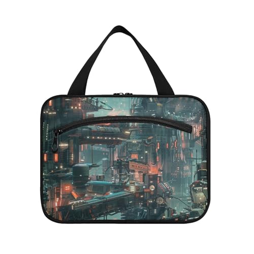 EtherSpher Bunte Future City 3D-Make-up-Tasche zum Aufhängen, Reise-Kosmetiktasche mit Haken, waschbare Designer-Tasche für Erwachsene, Fitnessstudio, Bolso, Viajero, Para, Mujer, L, Bunte Zukunft