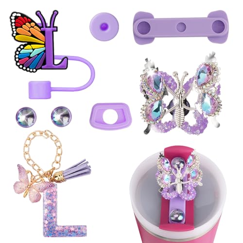 FIDWALL Buchstaben-Tassenzubehör-Set kompatibel mit Stanley Cup 40 oz – Silikon-Strohhalm-Abdeckung, Auslaufschutz, Schmetterlings- & Glitzer-Charms, Alphabet-Deko für EIN stilvolles Cup-Upgrade (L)
