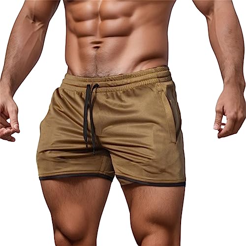 Herren Shorts Mesh einfarbig kurz lässig Street Fitness Hosen Krawatte Taschen Sport Outdoor Happy Pack(Khaki,L)