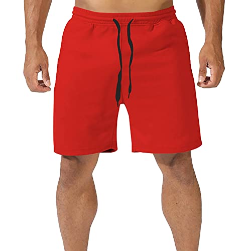 Herren Shorts Sporthose Herren Sommer Einfarbig Große Taschen Hosen Tasche Kordelzug Lose Beiläufige Sport Laufen Gerade Shorts Strand Hosen Locker Bequem Shorts (Red, XL)