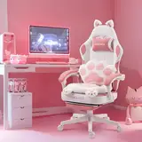 MEENICE Gaming Stuhl Pink mit Katzenpfote Lendenkissen und Katzenohren, Velour Ergonomische Gamer Stuhl mit Fußstütze, Zurücklehnen PC-Spiel Stuhl für Mädchen, Teenager, Kinder, Rosa Weiß