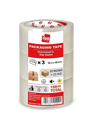 Dpm tapes Packaging Tape – Verpackungsband, Klebeband, Versand, Umzug, reißfest, Lösungsmittelfrei, Stark Und Leise, 50 m x 48 mm, Transparent (3 Rollen)