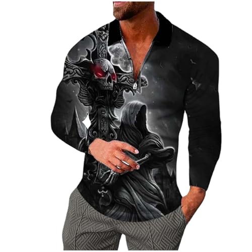 Bluelucon Kurzarm Hemd mit Totenkopf Print Herren Lässiges 3D Digital Kreativdruck Hemd Hawaii Kurzarmhemd 3D Totenkopf Print Langarm Sommer lässig Retro Oberteile