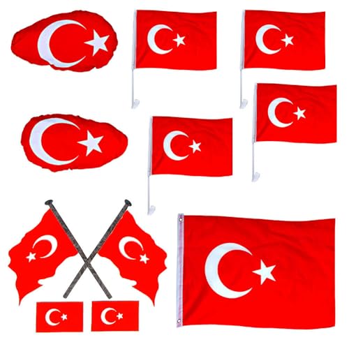 Murago - Türkei DEKO Fan-Set 11-Teilig - Autofahnen Fahne Flagge Auto Bayrak Fanartikel EM Spiegelfahne Sticker Spiegelfahne Aufkleber Fenstersticker