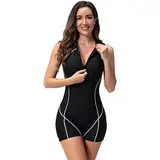 Odizli Badeanzug mit Bein Sport Schwimmanzug Damen Burkini Muslimische Islamische Muslim Frauen Ärmellos Reißverschluss Neopren Kurz Neoprenanzug Rashguard Surfer Bademode Surfanzug Schwarz L